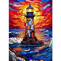 FHBUBPUP Diamond Painting Kits for Adults, Lighthouse Diamond Art Kits, Full Drill Round Gem Art, DIY Stained Glass Paint with Diamonds Crafts for Home Wall Decoration Gifts 12x16inch
