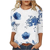 Floral Print Shirts for Women 3/4 Length Sleeve Oversized Tshirts Tops 2024 Summer Casual Trendy Crew Neck Dressy Blouses