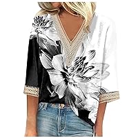 3/4 Length Sleeve Womens Tops Cotton Bohemian Tops for Women 2024 Summer Floral Print Casual Fashion Loose with 3/4 Sleeve V Neck Lace Shirts White X-Large