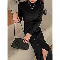 Women's Fashion Dress -Dresses Mock Neck Button Detail Split Thigh Sweater Dress Sweater Dress for Women (Color : Black, Size : Medium)