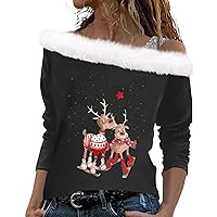 Asymmetrical Cold Shoulder Tops for Women Christmas Tree Print Comfy Fleece Shirts Cute Sexy Long Sleeve T-Shirt