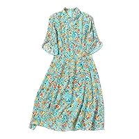 Women's Everyday Dress Silk Floral Print Dress Stand Collar Green Dress 2593