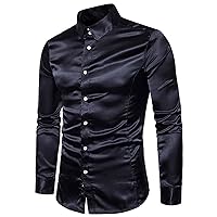 Mens Paisley Satin Dress Shirts Regular Fit Solid Silk Casual Long Sleeve Dance Party Shirt Button Down Tuxedo Luxury Shirt