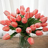 30pcs Real Touch Tulips PU Artificial Flowers, Fake Tulips Flowers for Arrangement Wedding Party Easter Spring Home Dining Room Office Decoration (Peach)