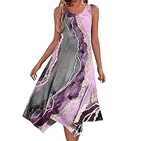 Summer Boho Dresses for Women 2024 Casual Round Neck Sleeveless Print Irregular Hem Midi Dress