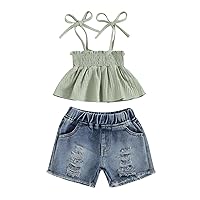 fhutpw Baby Toddler 12 18 24 Months 2T 3T 4T Girl Clothes Summer Ruffle Sleeveless Tops & Ripped Denim Shorts Set Kid Outfits