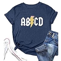 ABCD Teacher Shirt Women Rock'n Roll Alphabet Graphic Tees Funny Letter Print Back to School Gift Short Sleeve Tee Tops