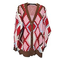 Ladies Autumn Winter Sweater Women Cardigan Diamond Plaid Single-Breasted Casual Top Loose Knitted Cardigan