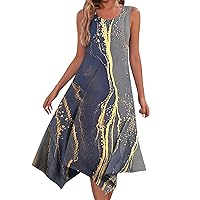 Beach Dress for Women 2024 Summer Fashion Flowy Ruched Casual with Sleeveless Round Neck Swing Dresses