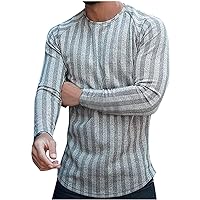 Mens Long Sleeve T Shirt Casual Round Neck Pullover Trendy Stripes Printed T-Shirts Blouse Tops
