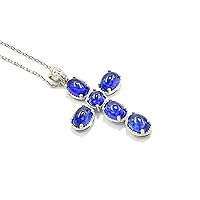 Natural Sapphire Cabochon Gemstone Holy Cross Pendant Necklace 925 Sterling Silver September Birthstone Sapphire Jewelry Engagement Gift For Her (PD-8459)