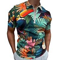 Tropical Toucans Bird Mens Polo Shirts Quick Dry Short Sleeve Zippered Workout T Shirt Tee Top