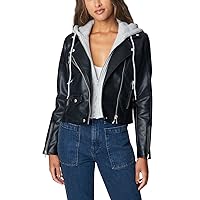[BLANKNYC] womens Vegan Leather Moto Jacket With Removable Hood, Comfortable & Stylish Coat