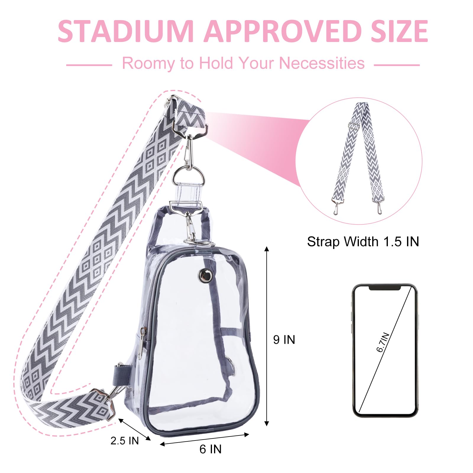 Clear Bag Stadium Approved, Clear Sling Bag with Embroidered Strap, Clear Crossbody Fanny Pack for Concerts Festivals Sports Events-Grey