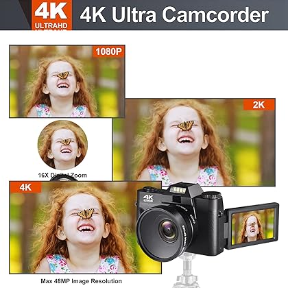 4K Digital Vlogging Camera for YouTube Autofocus Camcorder for Photography 48MP Video Camera with WiFi Connection 3.0