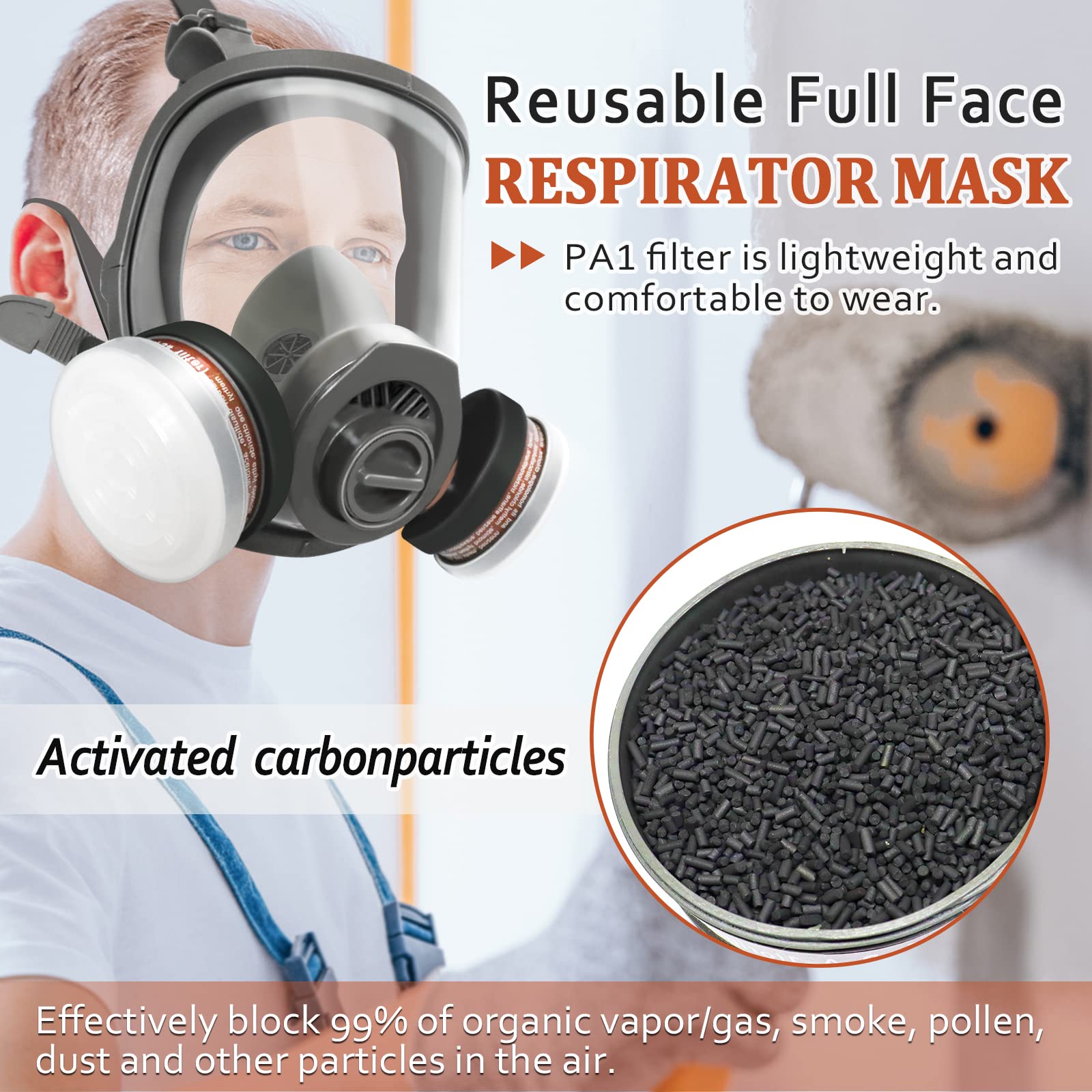 XINBTK Reusable Full Face Respirator Mask - with P-A-1 Organic Vapor Cartridge, Gas Mask with 10 PCS Particulate Filter Cottons, Widely Used in Organic Gas, Paint Spary, Chemical, Woodworking