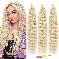 30in Ocean Wave Hair Extensions Soft Blonde Curly Braiding Synthetic Crochet Hair Wavy Crochet Hair for Women 3packs #613Blonde