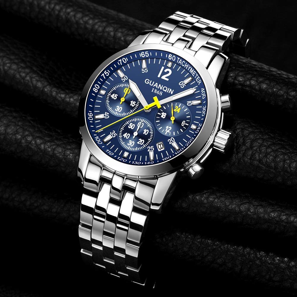 GUANQIN Men Waterproof Quartz Stainless Steel Calendar Luminous Wrist Watch