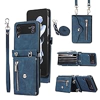 Phone Case for Samsung Galaxy Z Flip 4 5G 2022 Wallet Cover with Wrist Crossbody Strap Lanyard Credit Card Holder Stand Shoulder Slot Leather Cell Accessories ZFlip4 Z4 Flip4 4Z Women Men Blue
