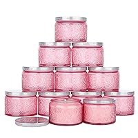 Art Secret 4oz Sun Moon Stars Embossed Glass Candle Container with Lid and Labels (Pack of 12, Pink)
