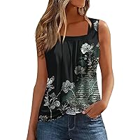 Womens Summer Tank Tops Floral Print Loose Fit Flowy Tops Square Neck Sleeveless Curved Hem Tunic Shirts