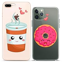 Matching Couple Cases Compatible for iPhone 15 14 13 12 11 Pro Max Mini Xs 6s 8 Plus 7 Xr 10 SE 5 Adorable Donut Coffee Silicone Cover Food Anniversary Best Friend Women Girl Cute Mate Clear