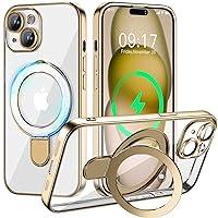 Magnetic for iPhone 15 Case with Invisible Stand[Compatible with MagSafe][Full Camera Lens Protector][Military Drop Protection] Shockproof Not Yellowing Clear Soft Slim for Women Men, Gold