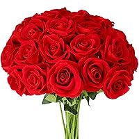Hoteam Velvet Flowers with Long Stem 4 Inch Large Artificial Roses Bulk Realistic Fake Real Touch Flowers Mother's Day Fake Roses Bouquet for Home Garden Wedding Party Decor(Red, 60 Pcs)