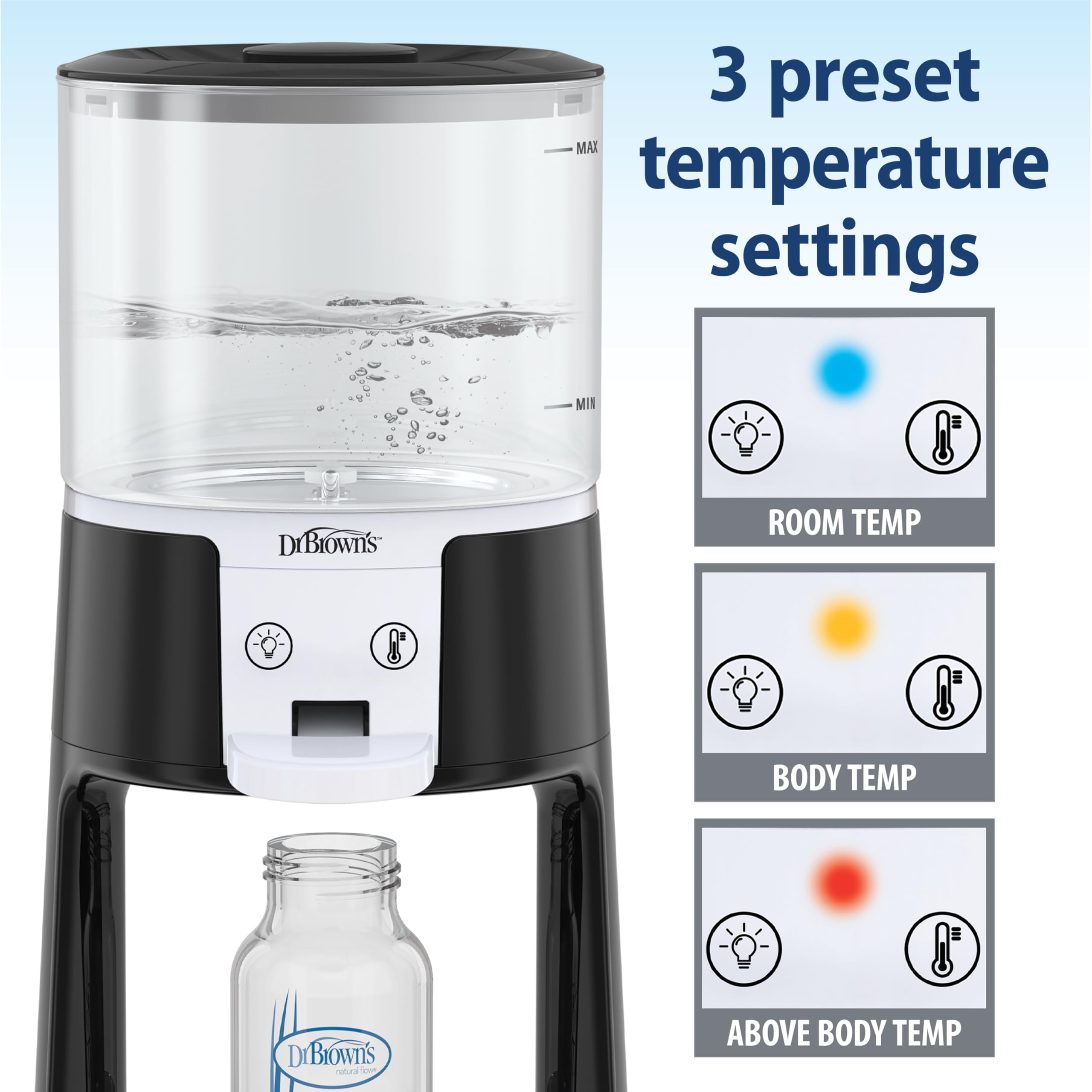 Dr. Brown's Insta-Prep Warm Water Dispenser to Instantly Prepare Baby’s Formula Bottle,Large Capacity Glass Tank with 3 Temperature Settings,Black