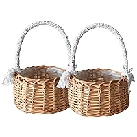 Woven Storage Basket with Handle Ribbon Rattan Flower Basket Wedding Flower Girl Basket for Home Decor Party Supply M