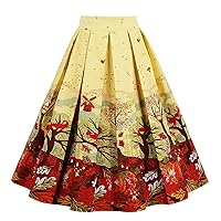 Women's Pleated Vintage Skirt Floral Print A-line Midi Skirts with Pockets