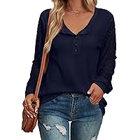 Women’s Long Sleeve Waffle Tops Lace Casual Loose Blouses T Shirts