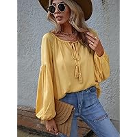 Women's Shirts Women's Tops Shirts for Women Tie Neck Lantern Sleeve Blouse (Color : Yellow, Size : Large)