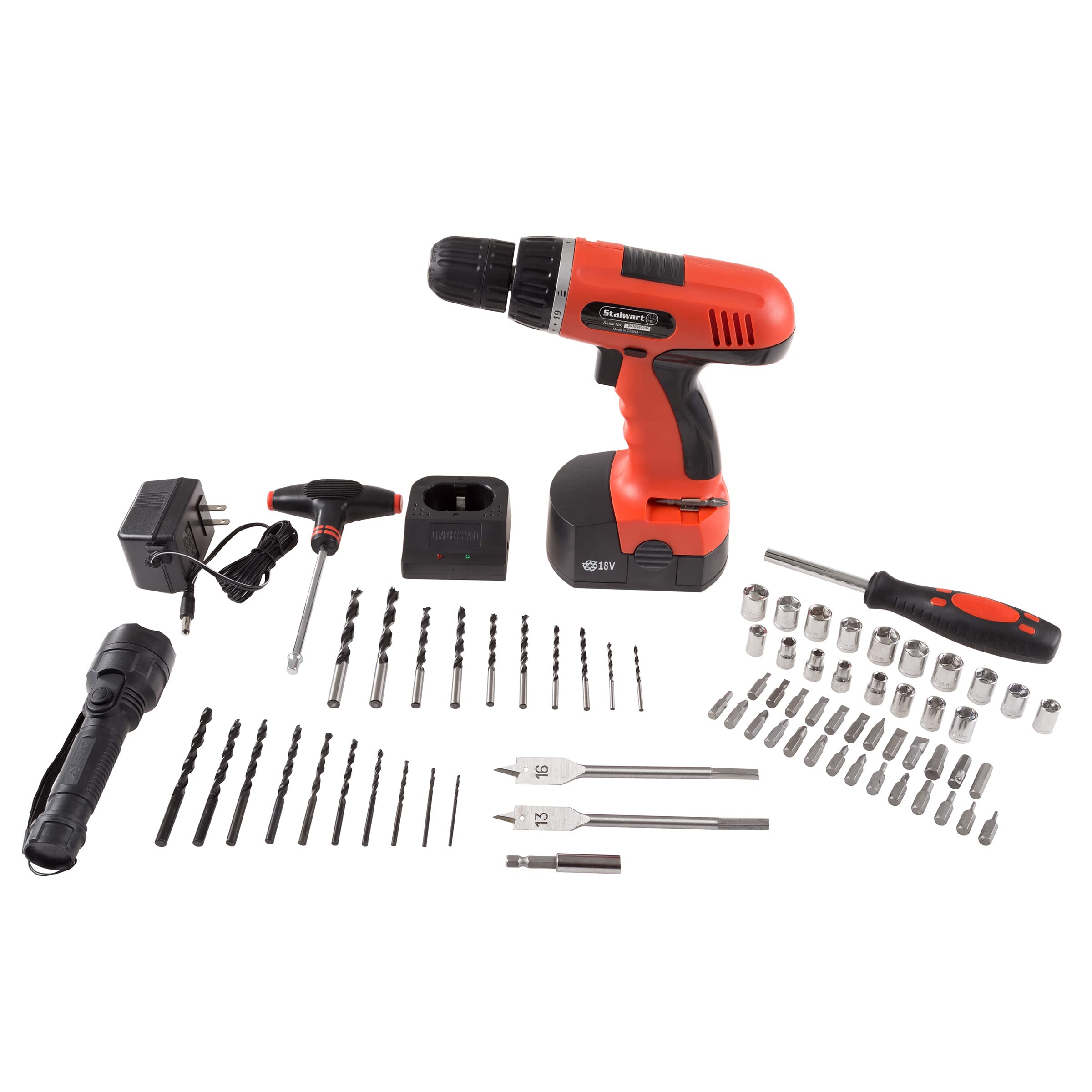 18V Cordless Drill Set - 78-Piece Tool Set with Drill Bits, Sockets, Driver Bits, Flashlight, Rechargeable Battery, and Tool Box by Stalwart (Red)