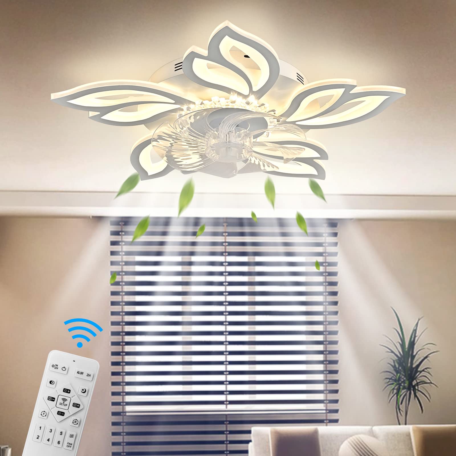Jesskit 26.8 inch Ceiling Fans with Lights, Modern Dimmable Ceiling Fans, Petal Chandelier Ceiling Fans with 6 Speeds and Remote Control for Living Room Bedroom Dining Room