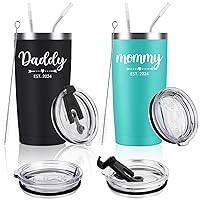 Daddy and Mommy Est 2024 Travel Tumbler, New Parents Insulated Tumblers 20oz, Mom Dad Gift for Mother's Day, Father's Day, Christmas, New Pregnancy, Birthday, Baby Shower (Black Aqua blue)