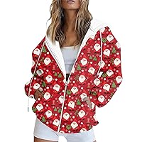 Womens Winter Coat, Zip Up Hoodies Teen Girls Christmas Printed Sweatshirt Clothing Casual Drawstring Jacket With Pockets Women Leather Jacket For Hoodies Cute Sweatshirt (L, Deep Red)