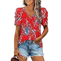 XIEERDUO Womens Summer Shirt V Neck Casual Tshirts Puff Sleeve Tops for Women Solid Color XS-3XL