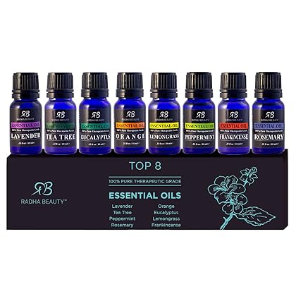 Essential Oil Set - Aromatherapy for Diffusers, Massage. Candle Making, Soaps, Bath Bombs. Top 8-10mL Oils: Lavender, Peppermint, Lemongrass, Tea Tree, Orange, Eucalyptus, Rosemary and Frankincense.