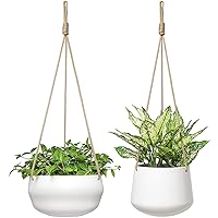 Ceramic Hanging Planter of Shallow 8 Inch and Deep 6 Inch for Indoor Outdoor Plants, Set of 2 Modern Plant Pot Geometric Porcelain Hanging Basket with Polyester Rope Hanger