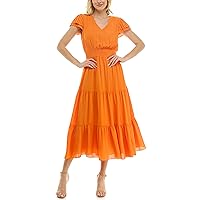 Nanette Nanette Lepore Women's Tiered Pull on Fully Lined Dress with Smock Waist and Pleated Flutter Sleeve