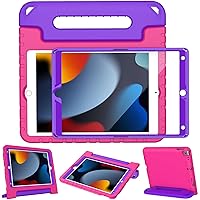 LTROP Kids Case for iPad 9th/ 8th/ 7th Generation (2021/2020/ 2019), iPad 10.2 Case with Built-in Screen Protector, Shockproof Handle Stand Case for iPad 9 8 7 Generation 10.2 Inch - Rose and Purple