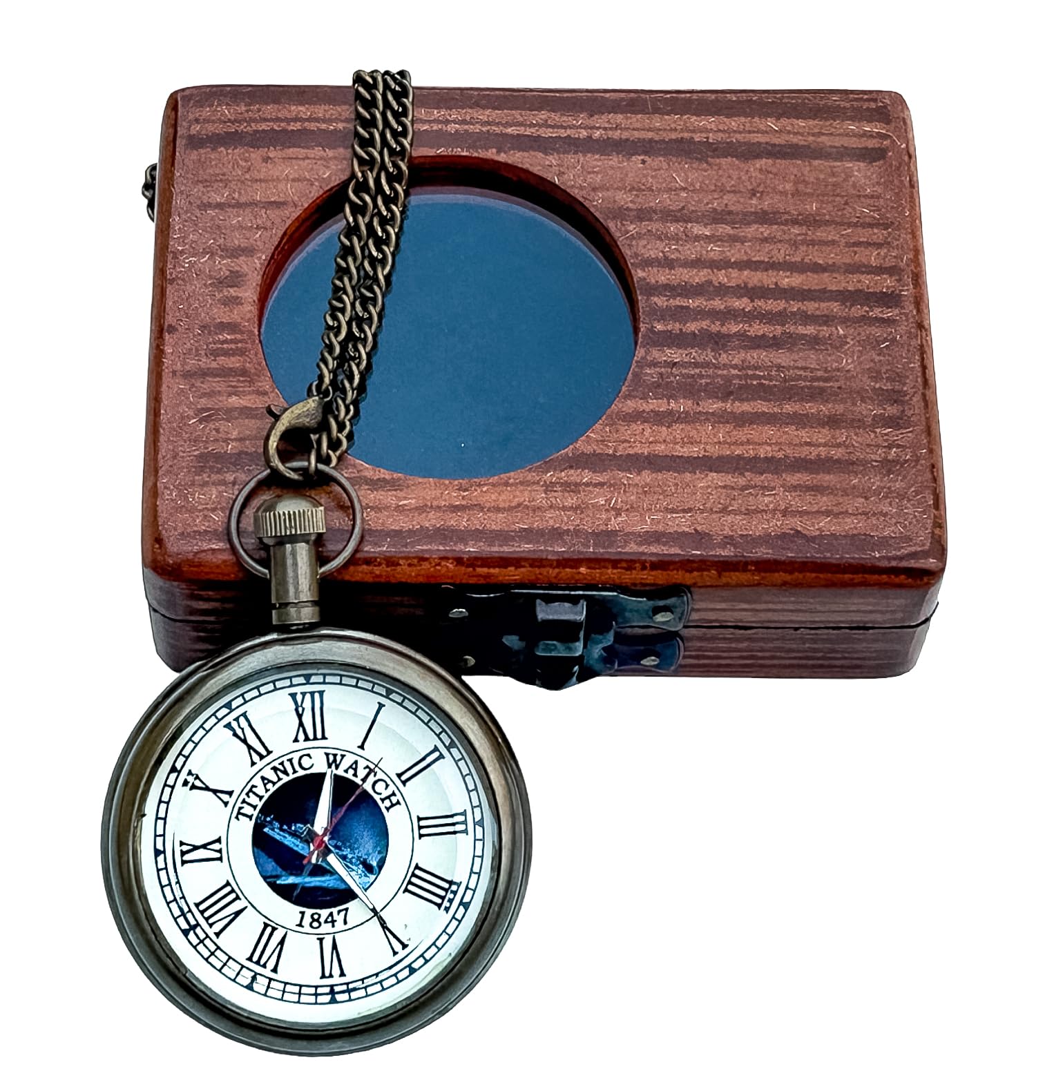 Generic Hassanhandicrafts Vintage Antique Maritime Brass Pocket Watch Titanic Ship Dial with Wooden Box