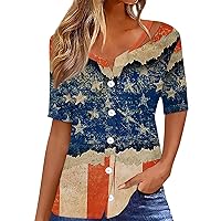 Women's 4Th of July Outfits Tee Shirt America Flag Print Short Sleeve V-Neck Button Up Cardigan Shirt Top, S-3XL