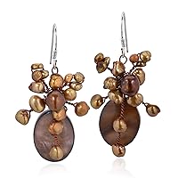 AeraVida Classy Elegant Brown Mother of Pearl and Cultured Freshwater Pearl Teardrop Shower Dangle Earrings For Women