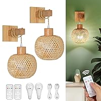 Battery Operated Wall Sconce with Remote Set of 2, Rechargeable Rattan Wall Sconces Battery Operated Bulb&Charging Cable, Woven Bamboo Lantern Wall Light/Lamp Boho Wall Sconce for Bedroom