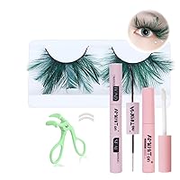 Green Eyelashes Extension Kit, Green Extra Long Feather Eyelashes, Waterproof Eyelashes Bond and Seal Glue Lash Remover Eyelash Curlers