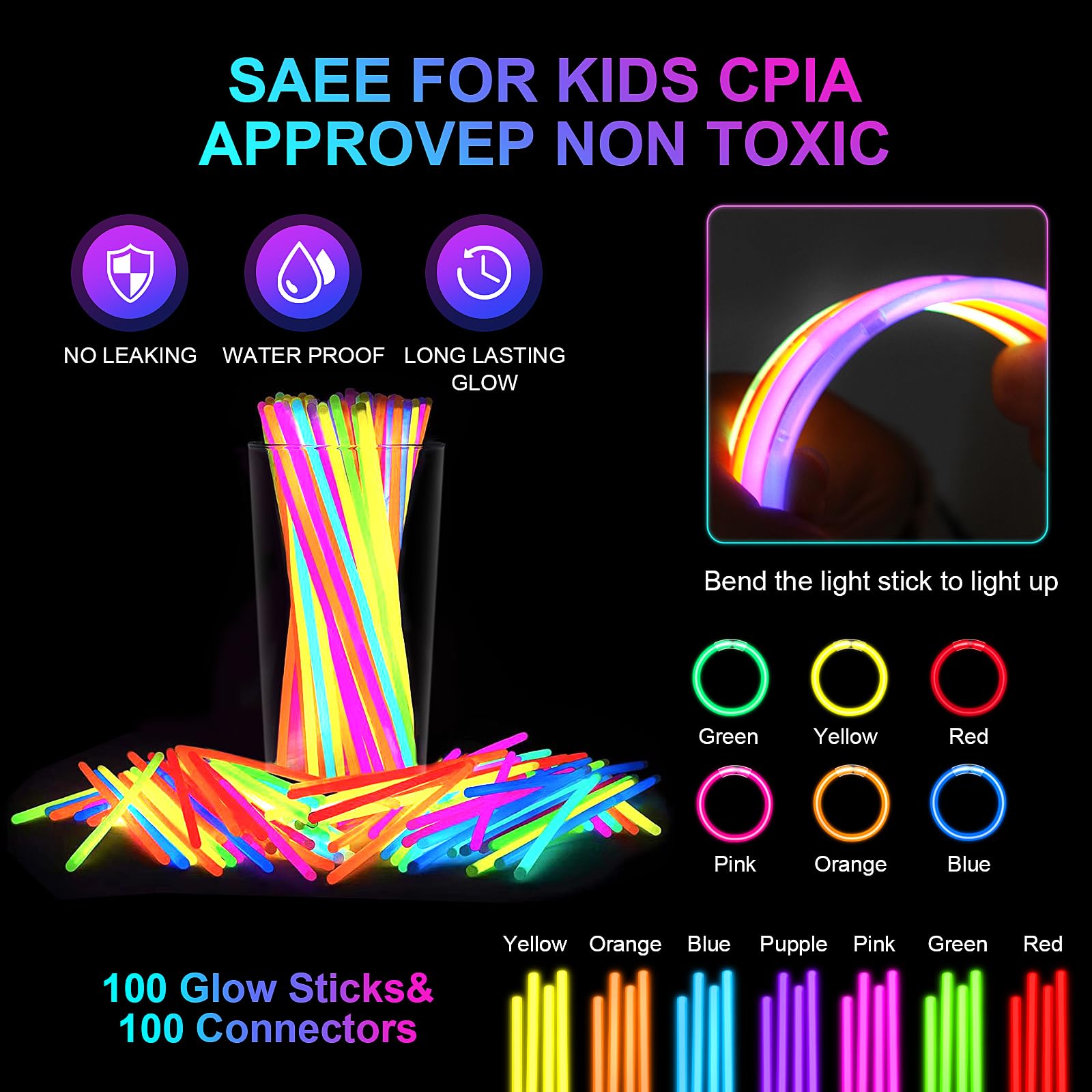 SHQDD 136PCS Glow in the Dark Party Supplies,Glow Sticks Glasses Favors, 12PCS Foam Glow Sticks, 12PCS LED Glasses, 12PCS Bunny Ear Headband and 100PCS Glow Sticks for Neon Party for Kids or Adults