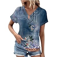 Womens Fashion,Womens Tops Trendy Short Sleeve V Neck Pleated Button Going Out Tops for Women Casual Summer Blouse Nashville Outfits for Women