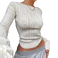 Women Sexy Textured Crop Tops Long Sleeve Ruched Slim Fit T-Shirts Going Out Cropped Tee Club Streetwear